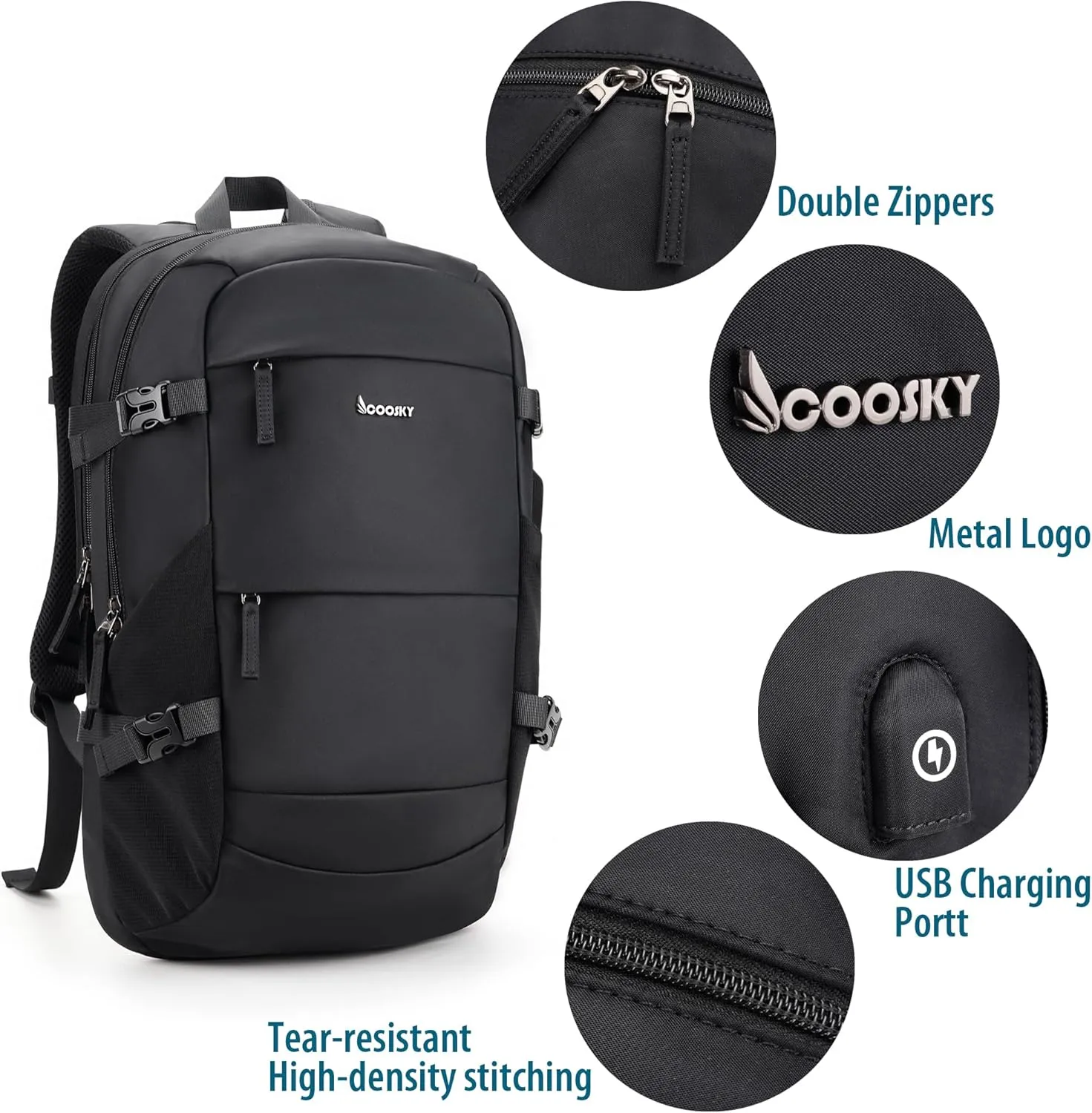 Travel Laptop Backpack with USB Charging Port, TSA Flight Approved carry on suitcase with 15.6" Notebook Compartment, Lightweight Computer Anti-theft Bag, Casual Commuter Daypack for Women & Men Black