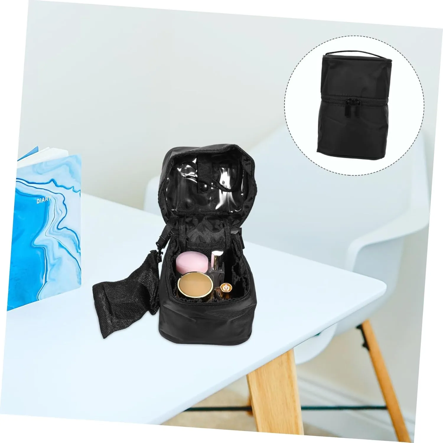 Travel Large Toiletries Organizer Bag Portable Style Waterproof with Handle Capacity Cylinder, Black, 18x14cm