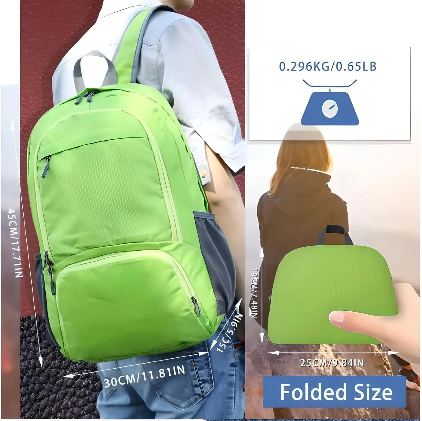 Travel Packable Backpack   Tote Bags Reusable Foldable Shopping Bag (Grey), Large
