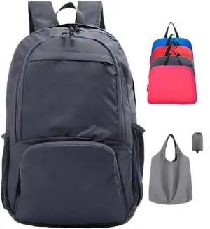 Travel Packable Backpack   Tote Bags Reusable Foldable Shopping Bag (Grey), Large
