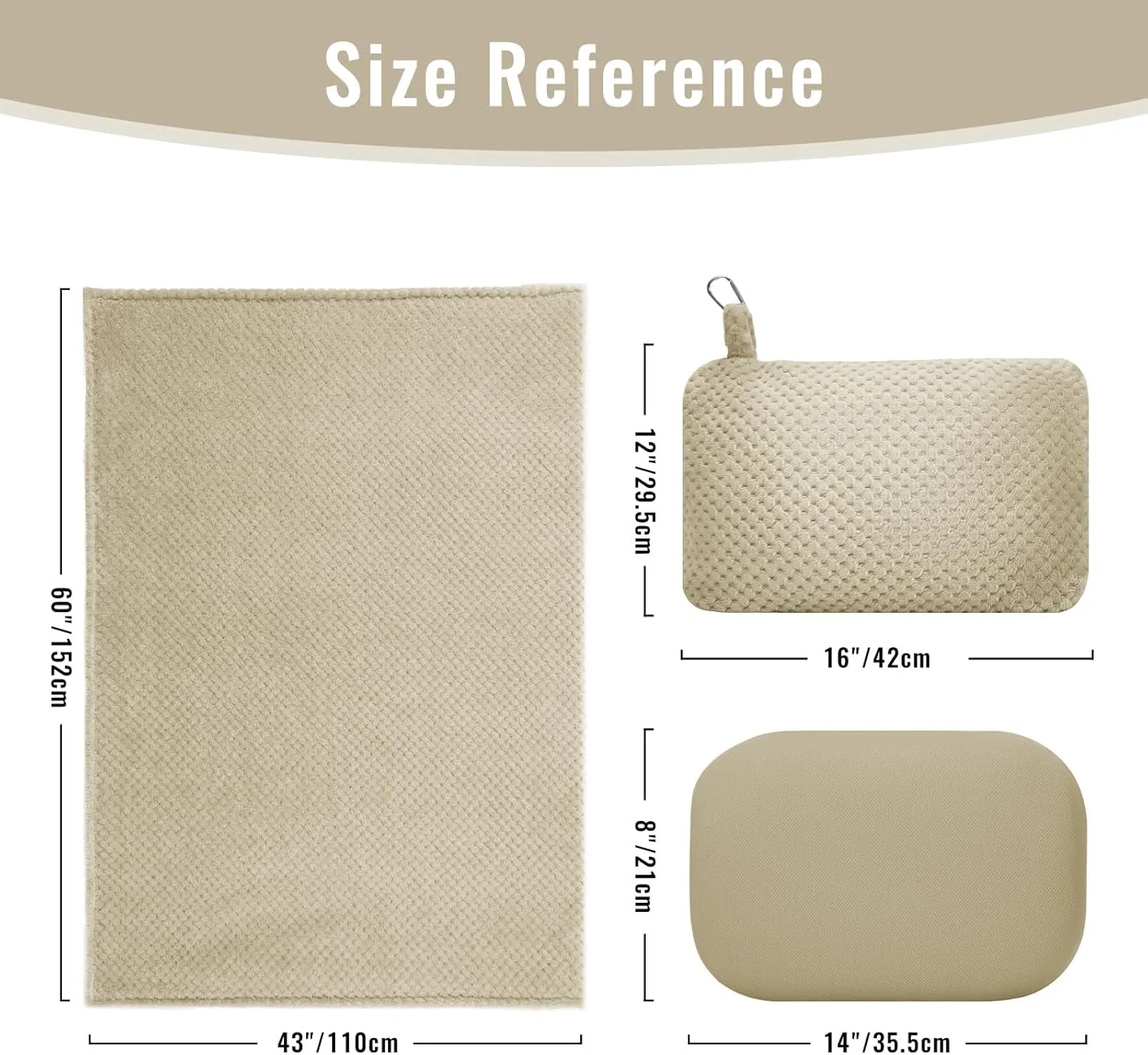 Travel Pillow Blanket Set-3 in 1 Travel Pillow Memory Foam, Soft Travel Blanket Airplane Compact with Bag, Inner Pillowcase, Hand Luggage Belts and Backpack Clip, for Plane Car, Beige