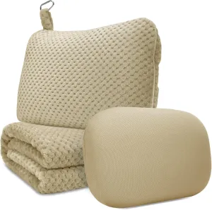 Travel Pillow Blanket Set-3 in 1 Travel Pillow Memory Foam, Soft Travel Blanket Airplane Compact with Bag, Inner Pillowcase, Hand Luggage Belts and Backpack Clip, for Plane Car, Beige