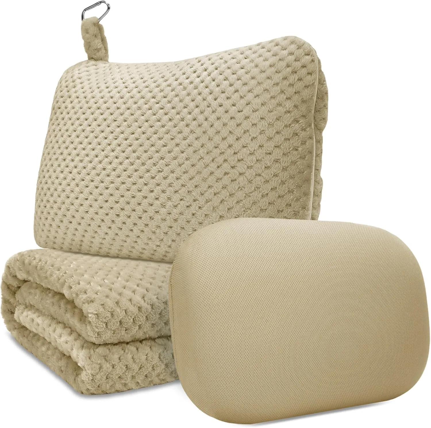 Travel Pillow Blanket Set-3 in 1 Travel Pillow Memory Foam, Soft Travel Blanket Airplane Compact with Bag, Inner Pillowcase, Hand Luggage Belts and Backpack Clip, for Plane Car, Beige