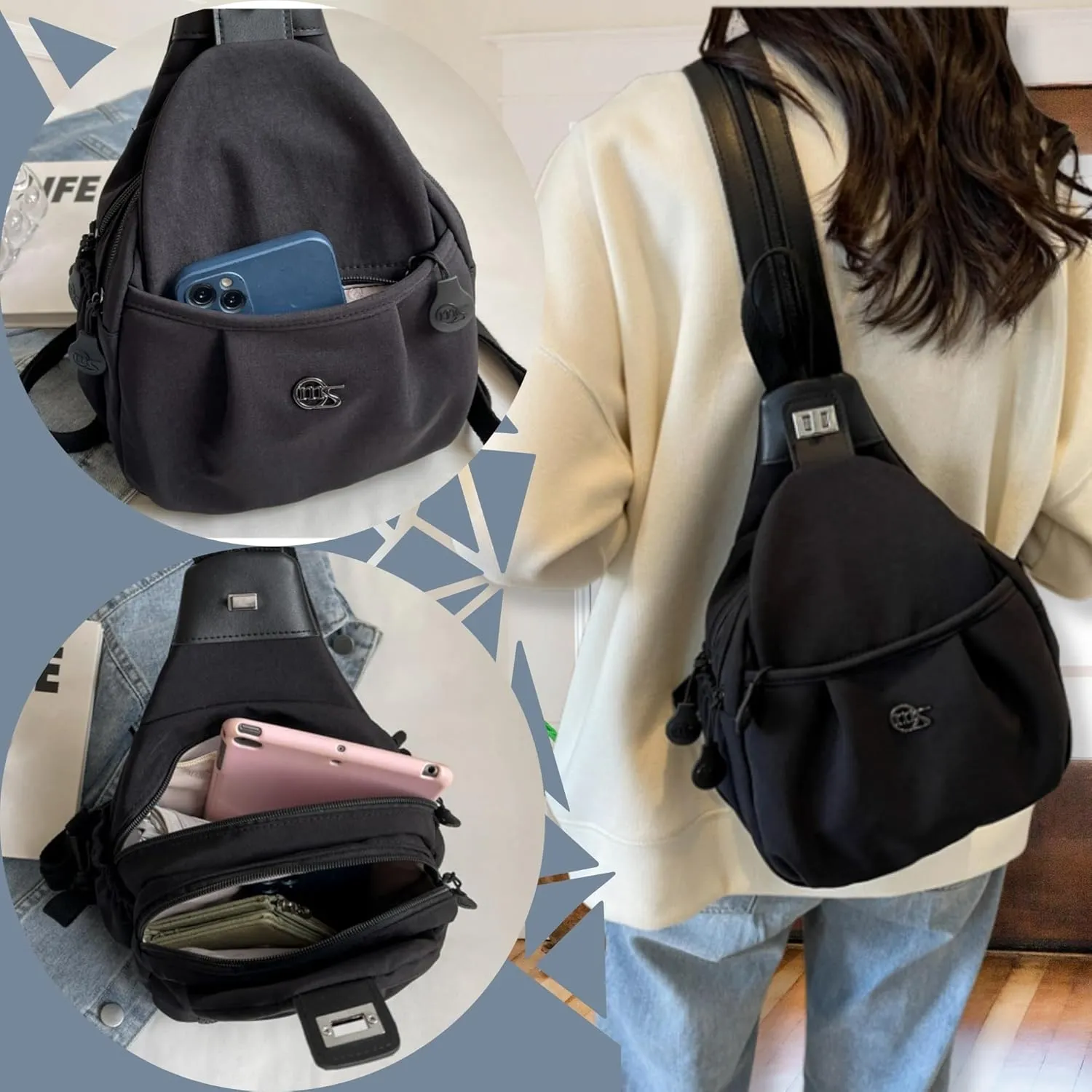 Travel Reflective Convertible Sling Backpack Key Ring Strap, Large Capacity Water Resistant Anti-Theft Crossbody (Teardrop Khaki)