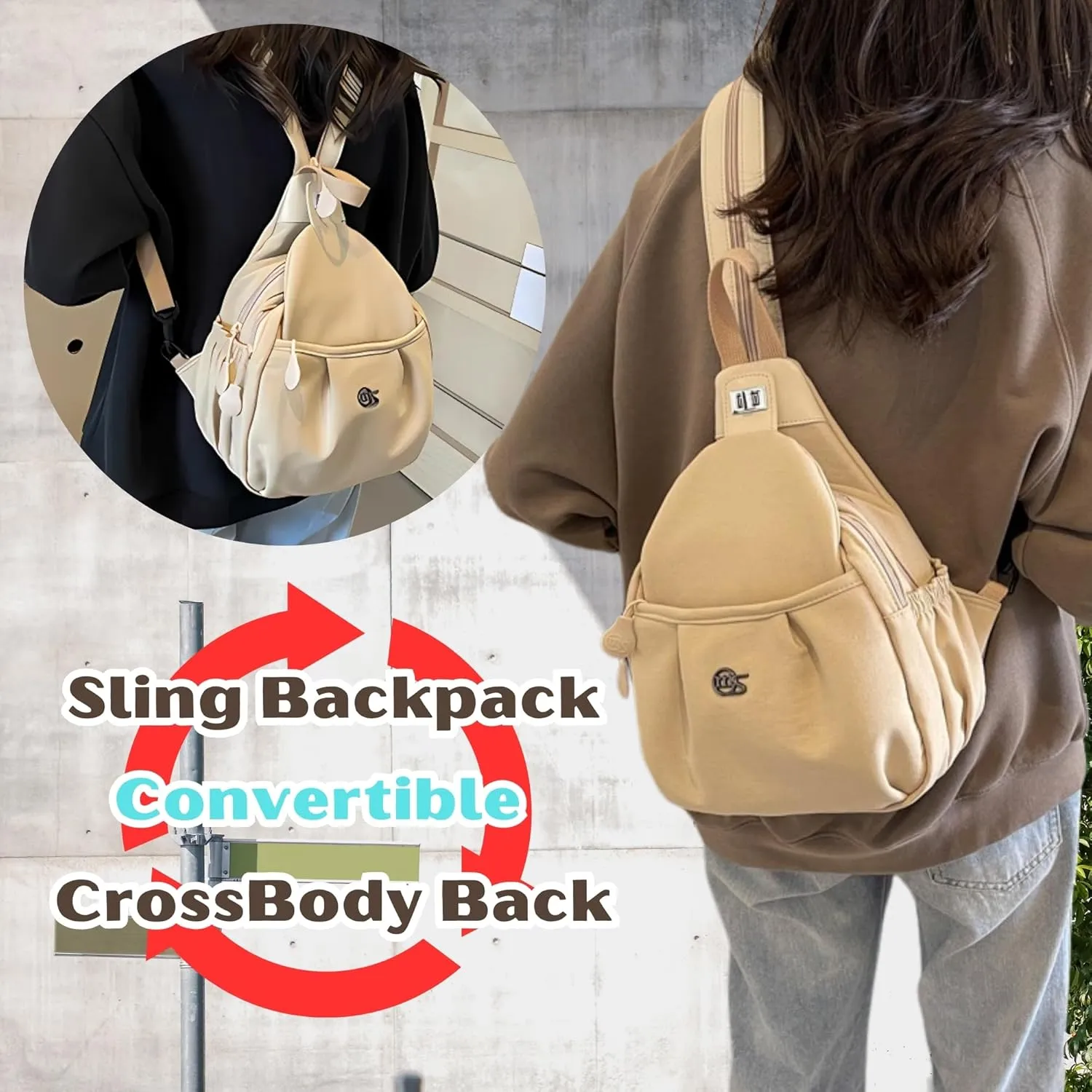 Travel Reflective Convertible Sling Backpack Key Ring Strap, Large Capacity Water Resistant Anti-Theft Crossbody (Teardrop Khaki)