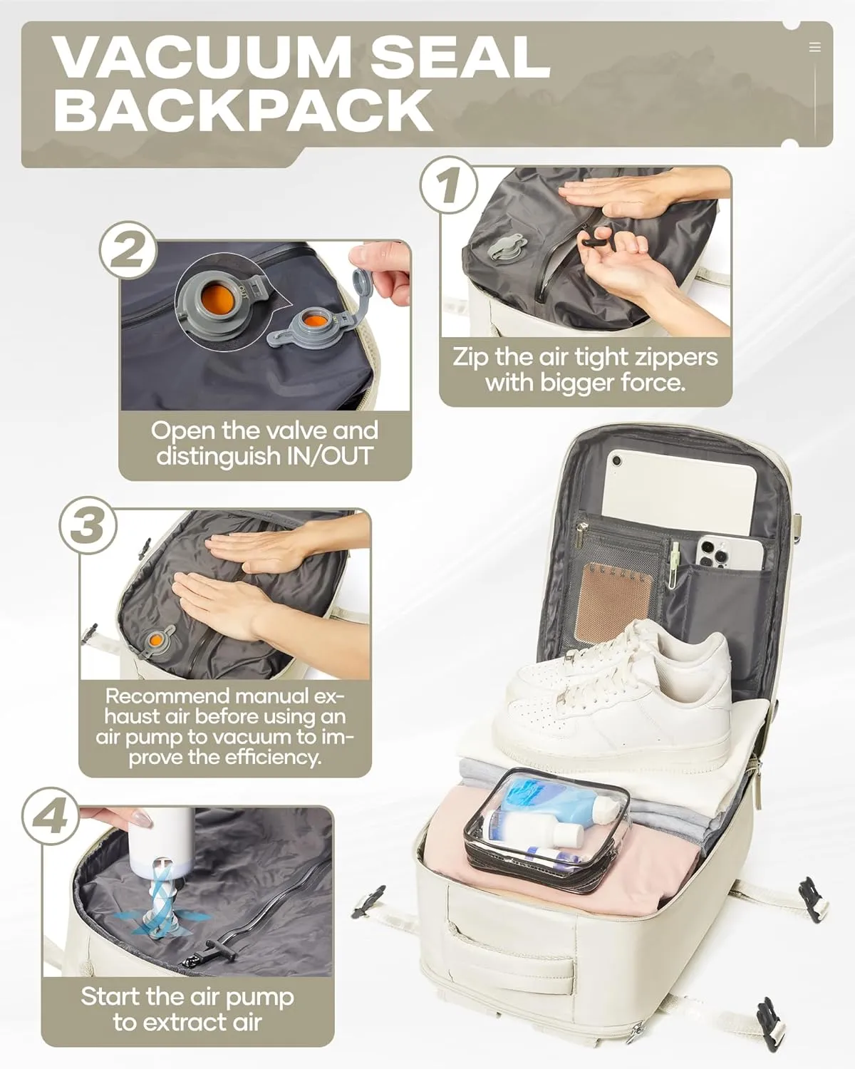Travel Vacuum Backpack for Women Men, 33L Large Carry on Luggage Spirit United Flight Approved, 18×14×8IN Personal Item Travel Bag with Wet Dry Separation Pocket USB Charging, Beige