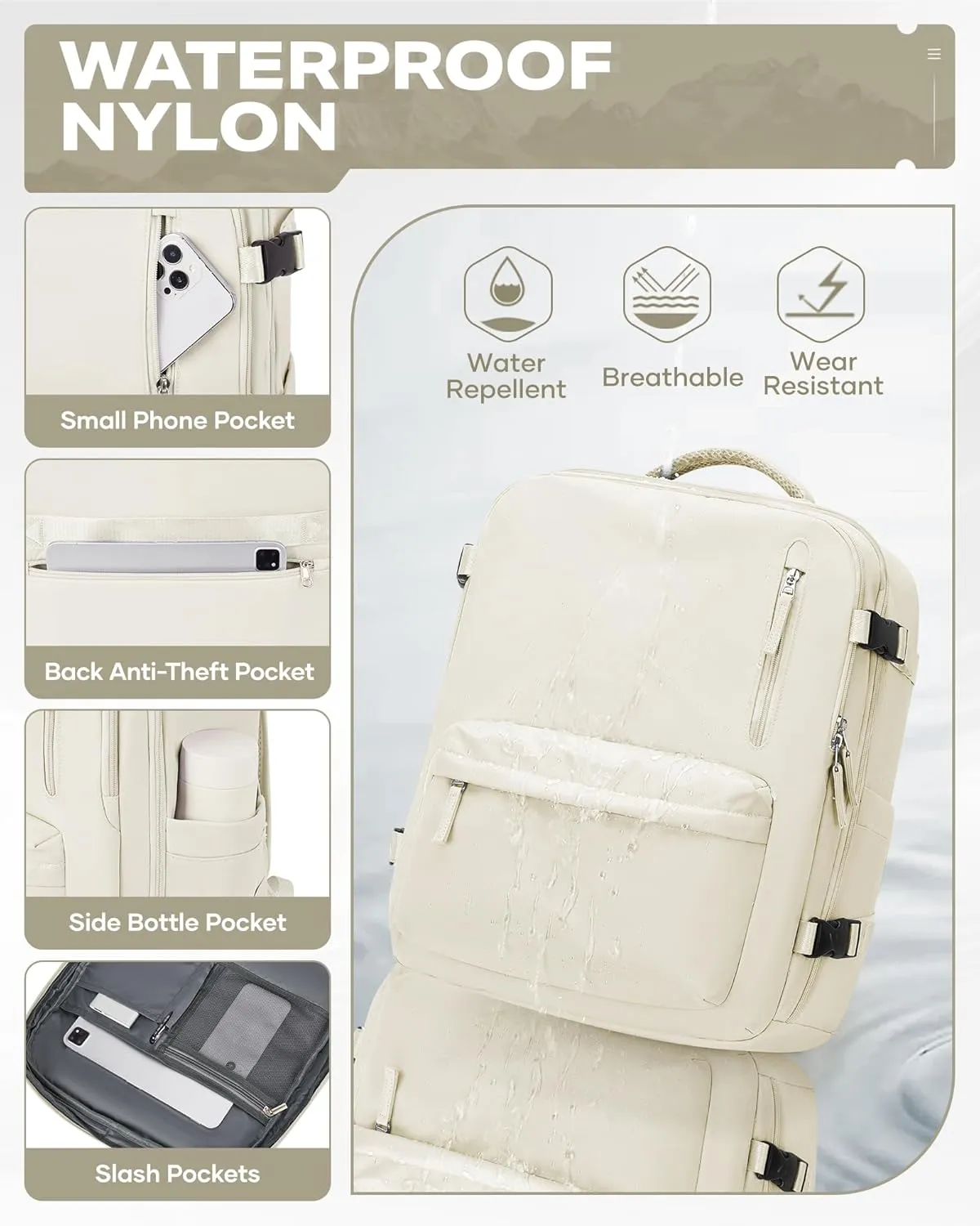Travel Vacuum Backpack for Women Men, 33L Large Carry on Luggage Spirit United Flight Approved, 18×14×8IN Personal Item Travel Bag with Wet Dry Separation Pocket USB Charging, Beige