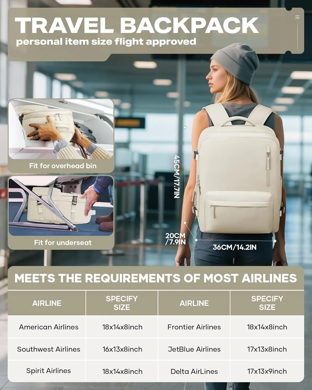 Travel Vacuum Backpack for Women Men, 33L Large Carry on Luggage Spirit United Flight Approved, 18×14×8IN Personal Item Travel Bag with Wet Dry Separation Pocket USB Charging, Beige