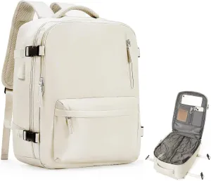 Travel Vacuum Backpack for Women Men, 33L Large Carry on Luggage Spirit United Flight Approved, 18×14×8IN Personal Item Travel Bag with Wet Dry Separation Pocket USB Charging, Beige