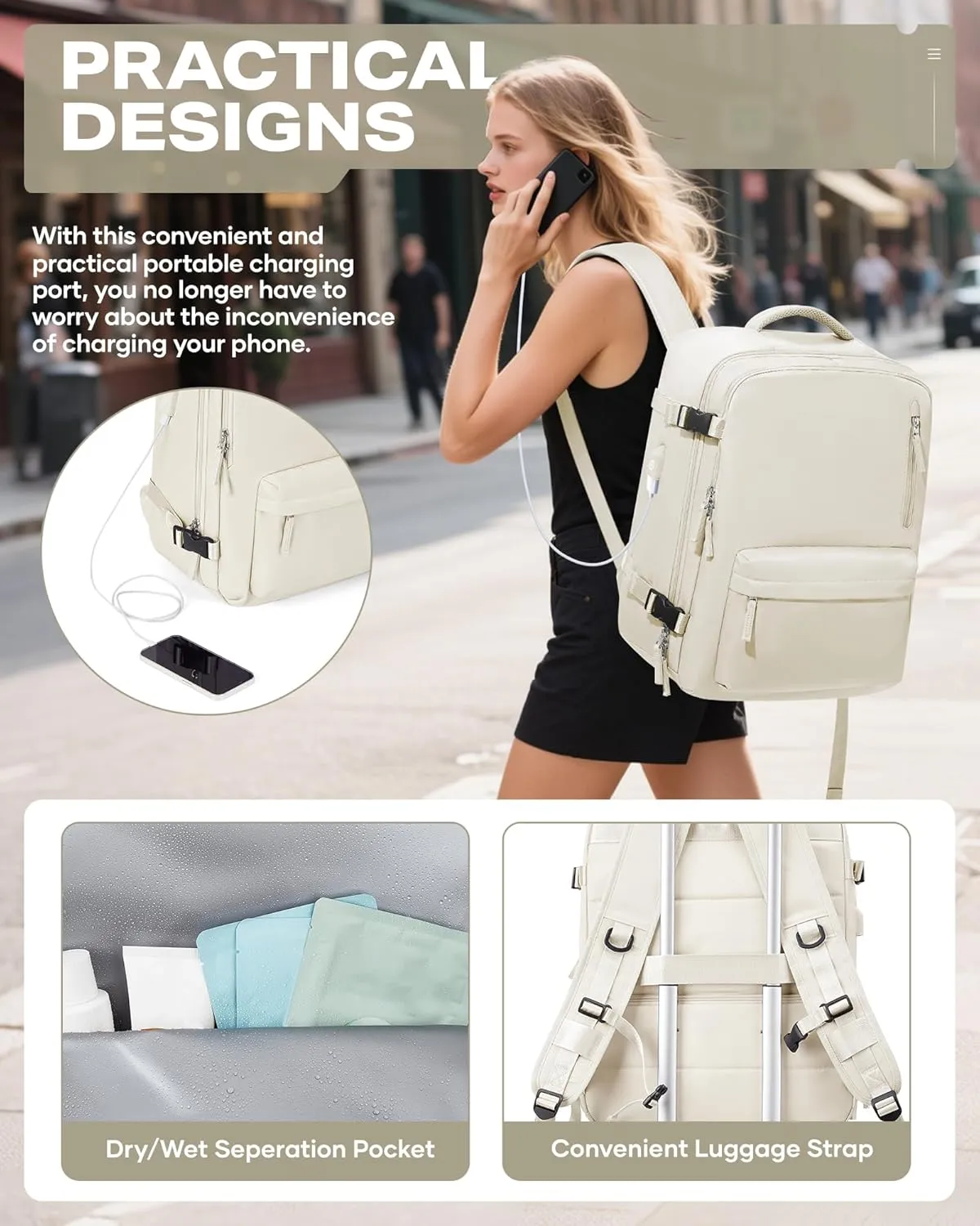 Travel Vacuum Backpack for Women Men, 33L Large Carry on Luggage Spirit United Flight Approved, 18×14×8IN Personal Item Travel Bag with Wet Dry Separation Pocket USB Charging, Beige