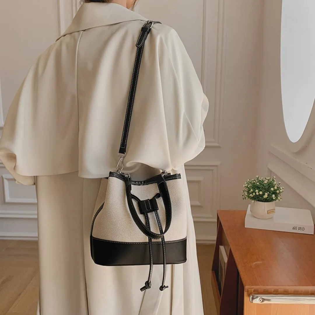 Trendy Crossbody Tote for Women - Drawstring Canvas Bucket Bag with Chic Details, Adjustable & Removable Strap