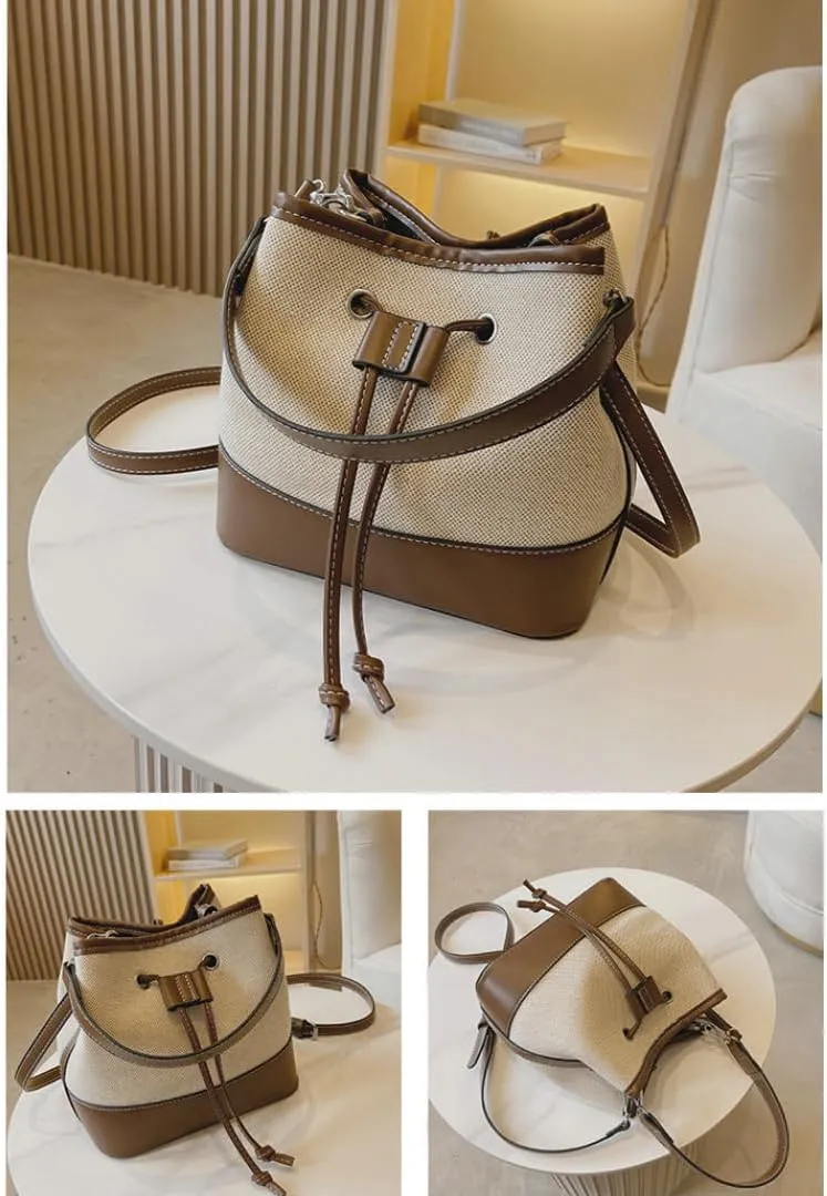 Trendy Crossbody Tote for Women - Drawstring Canvas Bucket Bag with Chic Details, Adjustable & Removable Strap