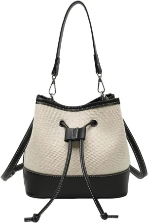 Trendy Crossbody Tote for Women - Drawstring Canvas Bucket Bag with Chic Details, Adjustable & Removable Strap
