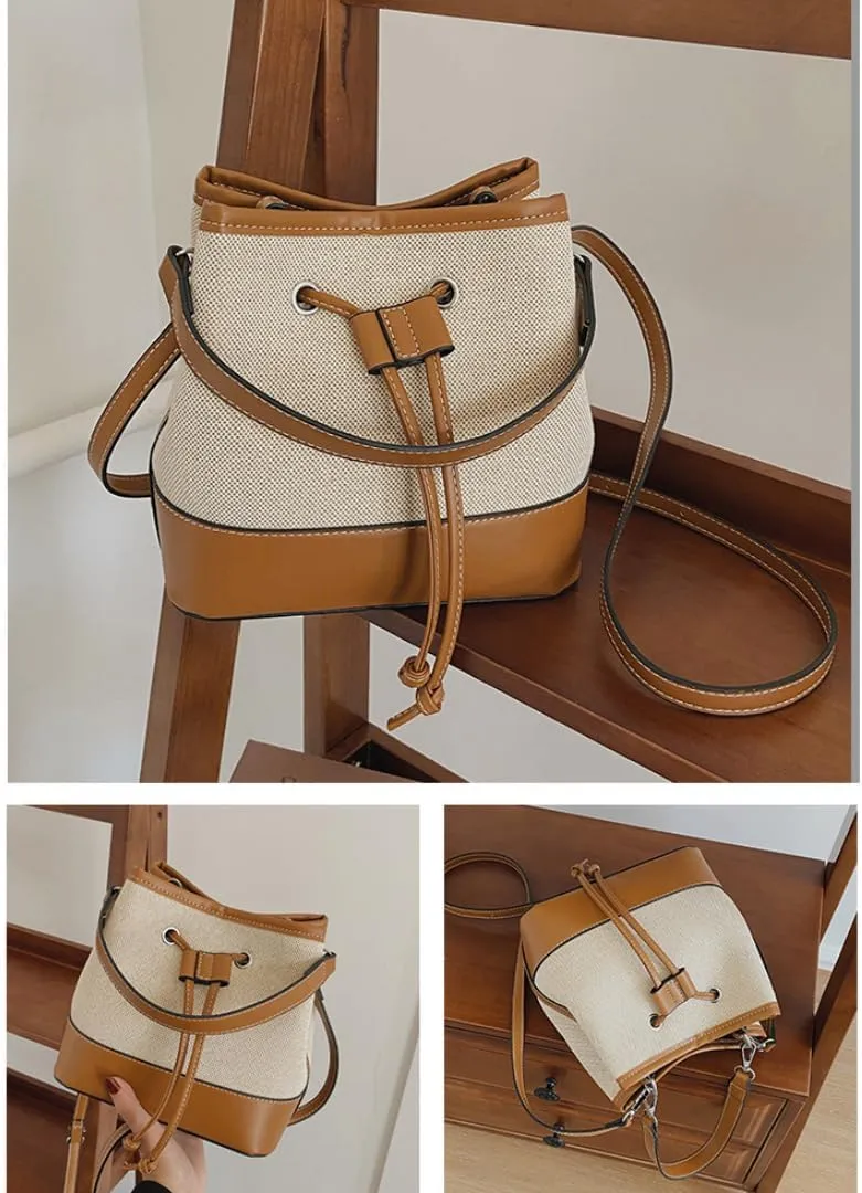 Trendy Crossbody Tote for Women - Drawstring Canvas Bucket Bag with Chic Details, Adjustable & Removable Strap
