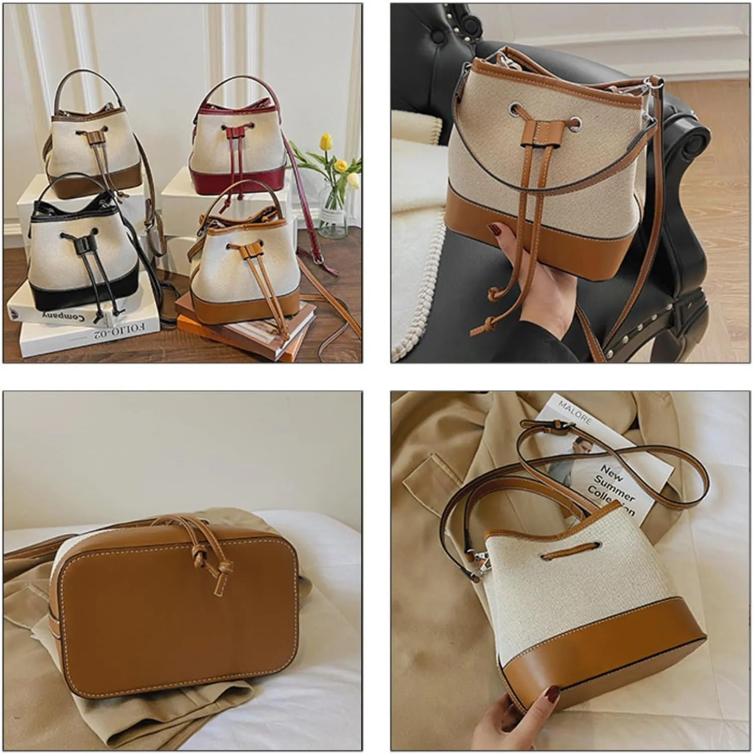 Trendy Crossbody Tote for Women - Drawstring Canvas Bucket Bag with Chic Details, Adjustable & Removable Strap