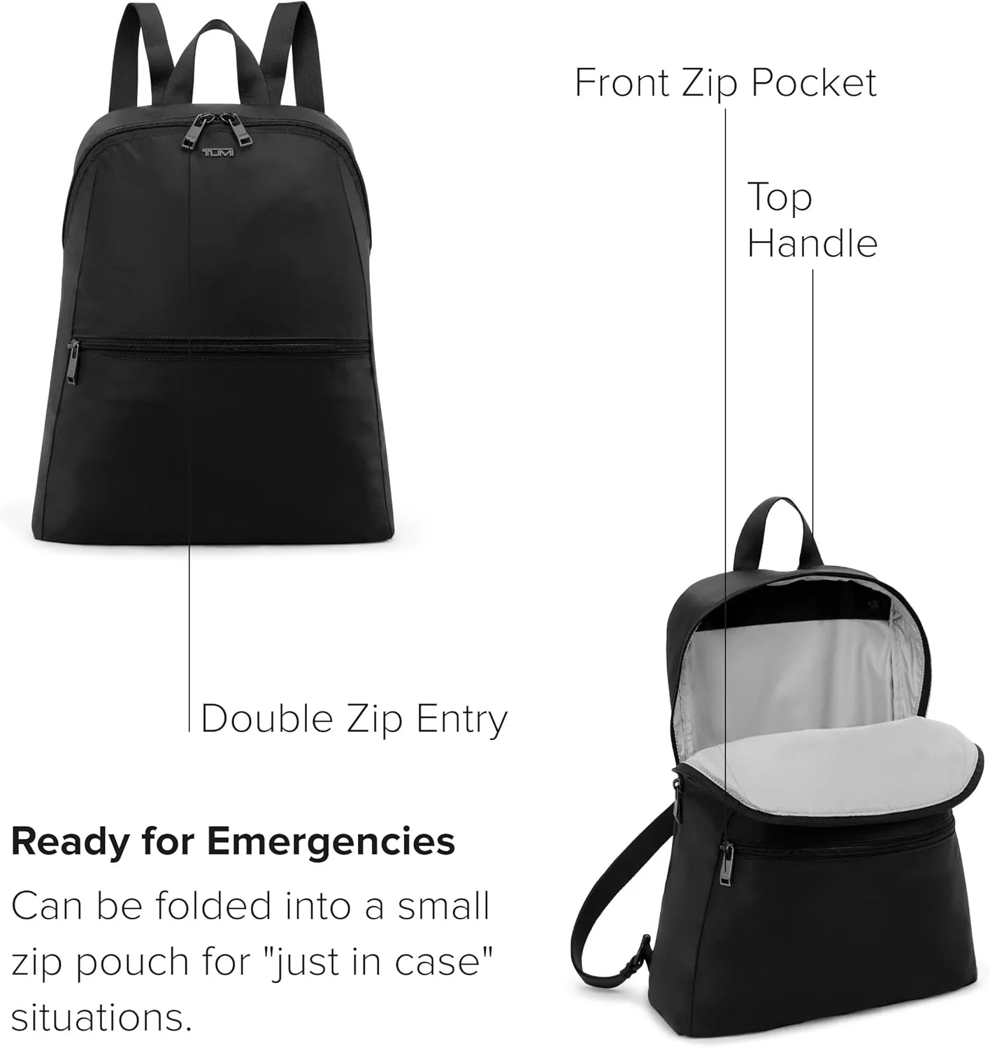 TUMI - Just In Case Foldable Backpack - Lightweight, Compact Travel Backpack - For One Bag Travel - 15.5" X 12.3" X 4.5" - Black with Gunmetal Hardware