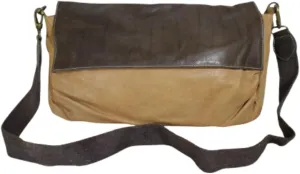 Two-Tone Leather Messenger Bag, Tan and Brown, Canvas Strap, Crossbody Handbag
