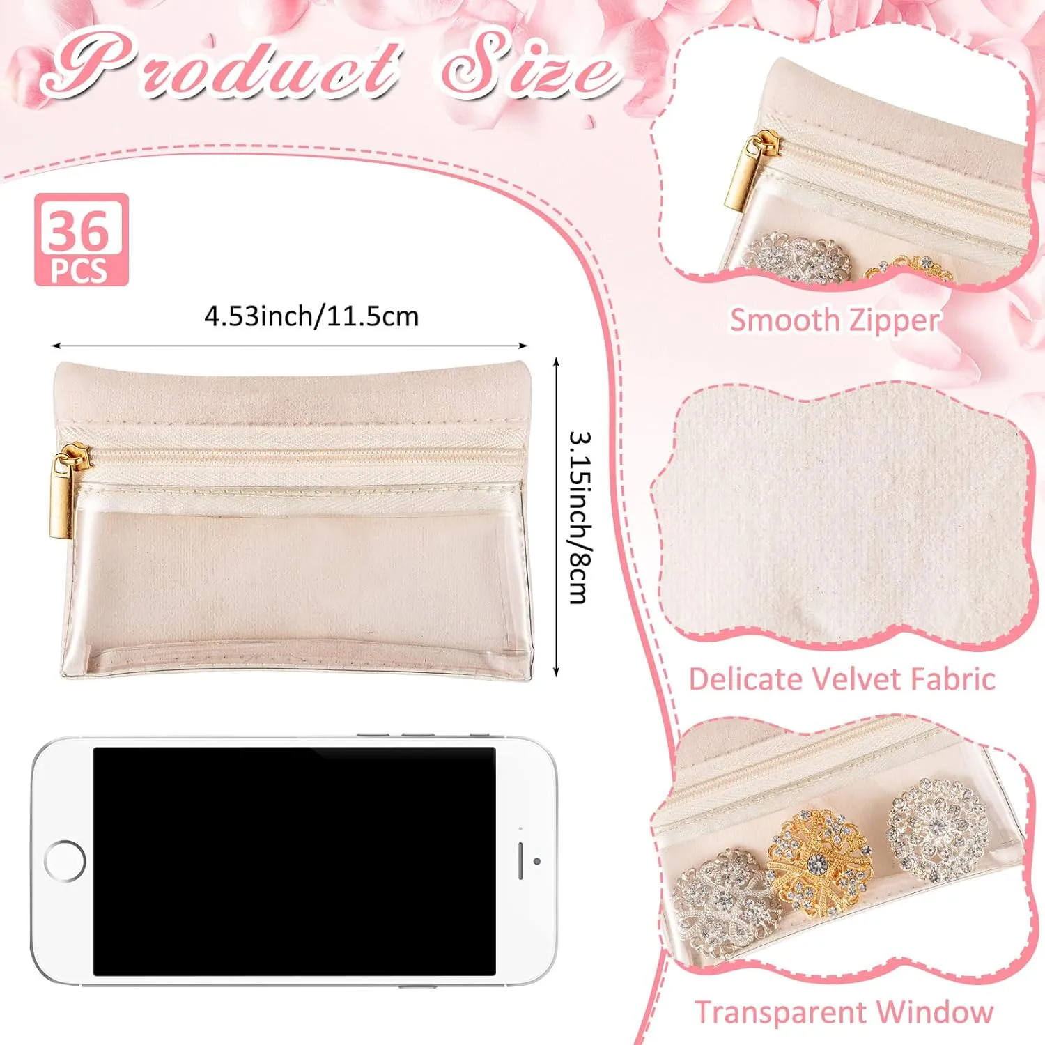 Uiifan 36 Pcs Travel Jewelry Bag Bulk Zipper Jewelry Pouch Flannel Portable Pocket Organizer for Necklace Earring Women Gift