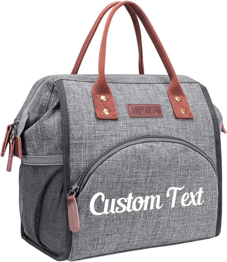Ulico Personalized Lunch Bag for Women,Custom Lunch Box with Embroidery Name, Large Reusable Nylon Snacks Organizer for Men Work Picnic Hiking Beach Fishing,Grey