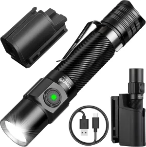 ULTRAFIRE Tactical Flashlight with Belt Holster, 1800 High Lumen Rechargeable Flashlight with Duty Belt Holder, Security Flashlight for Police, Law Enforcement, 5 Modes LED Flashlight with Dual Switch