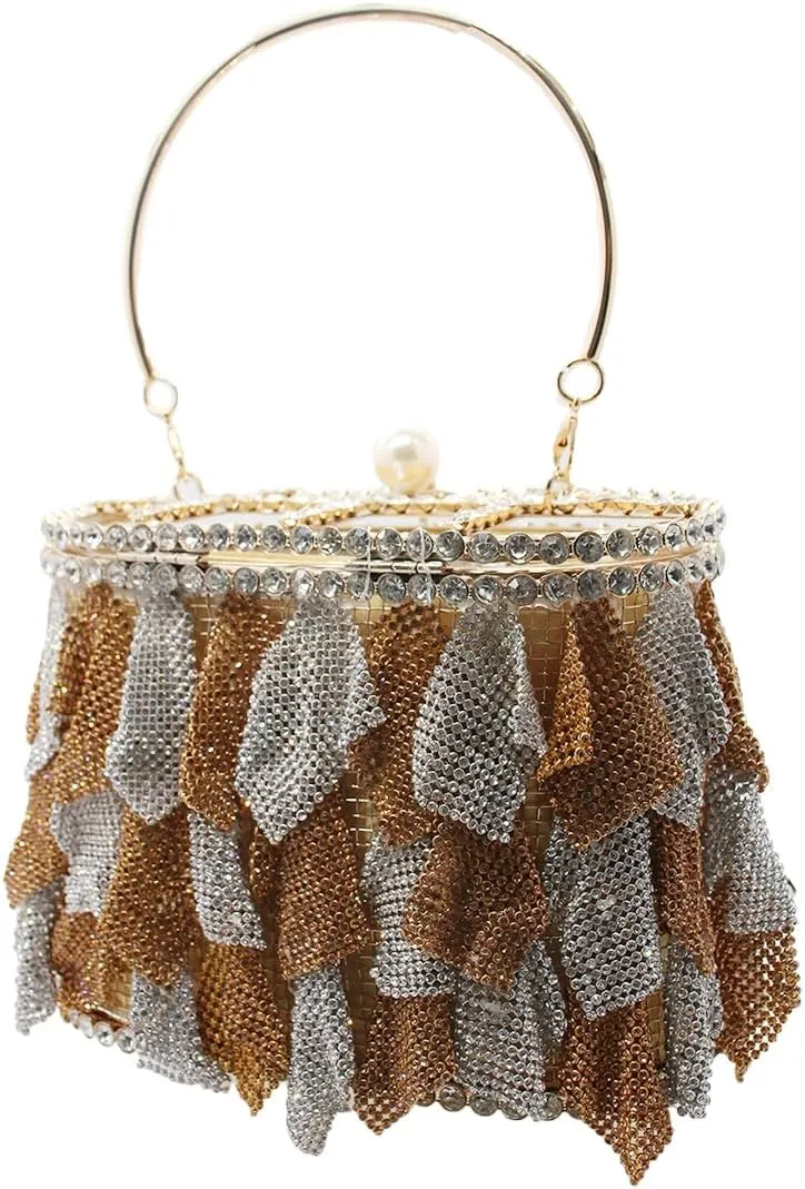 UMREN Women Rhinestone Evening Clutch Sparkly Top-Handle Bucket Bag Crystal Handbag Crossbody Bag for Cocktail Party Prom