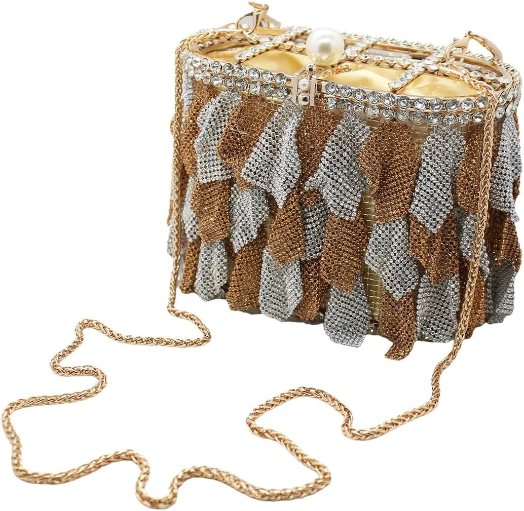 UMREN Women Rhinestone Evening Clutch Sparkly Top-Handle Bucket Bag Crystal Handbag Crossbody Bag for Cocktail Party Prom