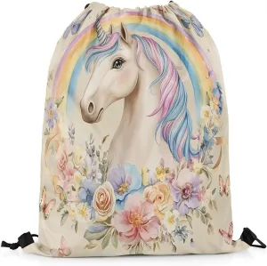 Unicorn Drawstring Backpack,Dreamy Princess Style Animal Horse Drawstring Bags Shoulder Bag,Watercolor Rainbow Garden Daisy Flowers Romantic Draw String Bag for Picnic Gym Sport Travel