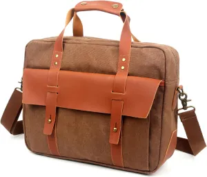 unisex Messenger Bag 15.6 Inch Waterproof Vintage Genuine Leather Waxed Canvas Briefcase Large Leather Computer Laptop Bag Rugged Satchel Shoulder Bag, Brown