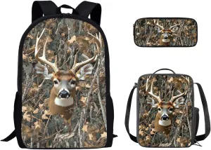 Uourmeti Deer Camo Boys Backpack and Lunchbox Pencil Case Set 3 in 1 Kindergarten Elementary Middle School Bookbags and Lunch Box Set for Teens Kids Book Bags Girls Big Scoolbags