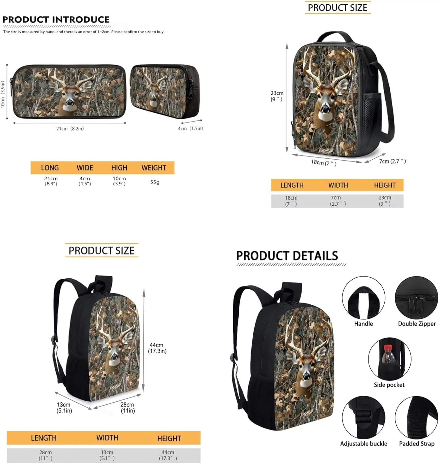 Uourmeti Deer Camo Boys Backpack and Lunchbox Pencil Case Set 3 in 1 Kindergarten Elementary Middle School Bookbags and Lunch Box Set for Teens Kids Book Bags Girls Big Scoolbags