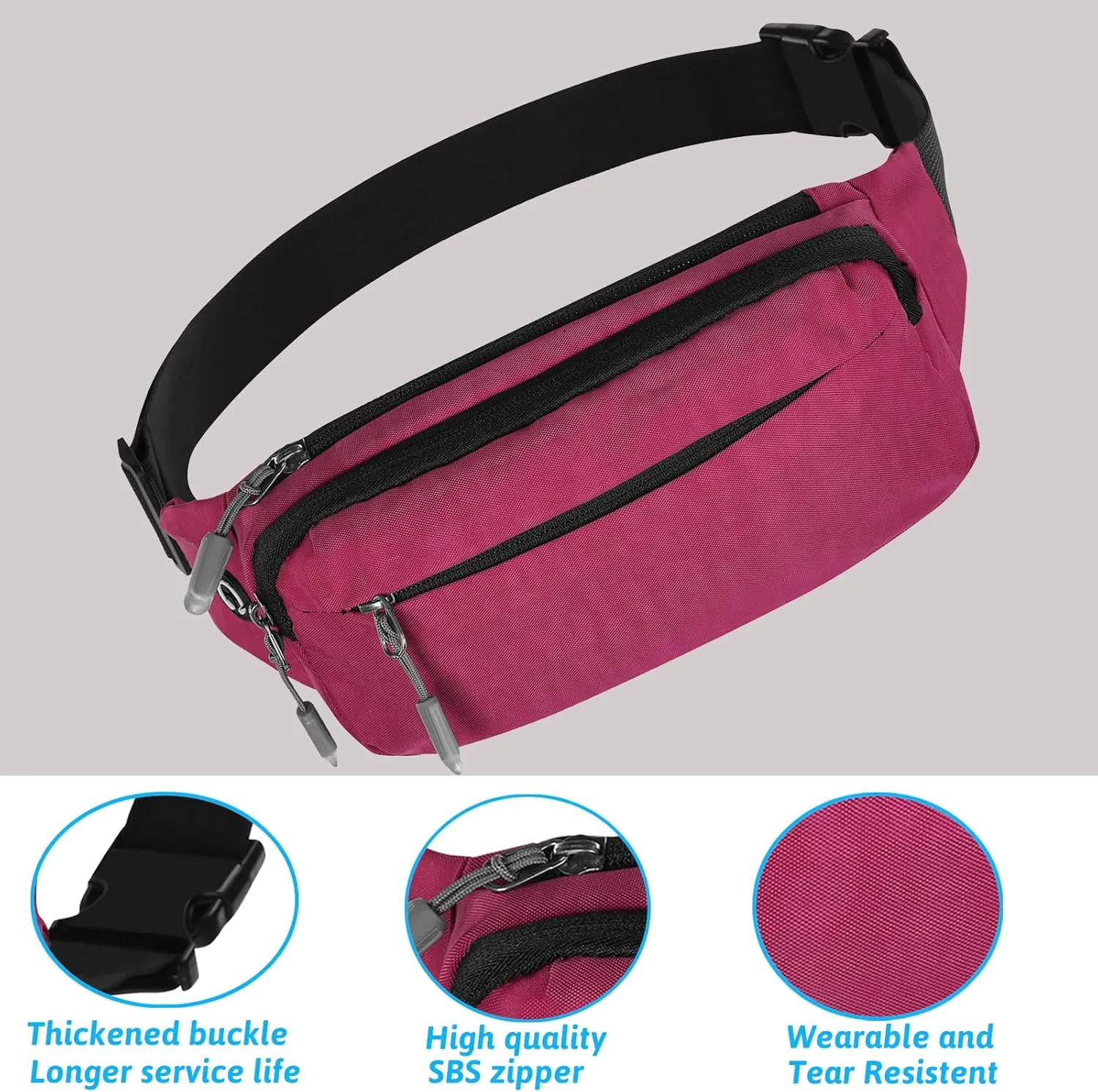 USHAKE Fanny Pack Waist Packs with Extender for Men or Women, Medium Size Waist Pouch Bag Hip Pack with 3-Zipper Pockets Adjustable Straps for Casual Travel Hiking Jogging Outdoor Sports (Rose Red)