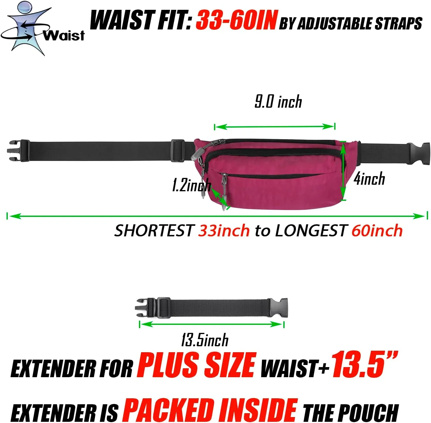 USHAKE Fanny Pack Waist Packs with Extender for Men or Women, Medium Size Waist Pouch Bag Hip Pack with 3-Zipper Pockets Adjustable Straps for Casual Travel Hiking Jogging Outdoor Sports (Rose Red)