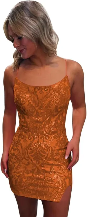 UZN Short Tight Sequin Homecoming Dresses for Teens with Slit Sparkly Sequin Mini Prom Cocktail Gowns
