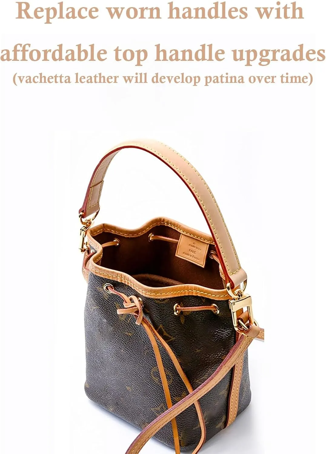 Vachetta Leather Purse Strap Replacement for LV Neonoe Bucket Bag Top Handle Black Short Leather Strap Luxury