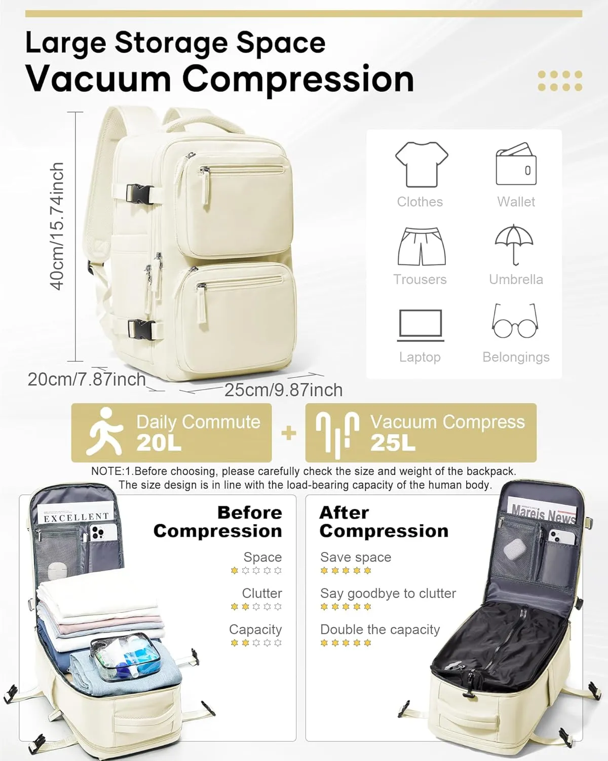 Vacuum Backpack Travel, Airback Backpack with Pump Personal Item Carry On Bag Flight Approved Laptop Work Seal Compression Backpacks Men Women Vacpack Waterproof Business Casual Daypack Beige