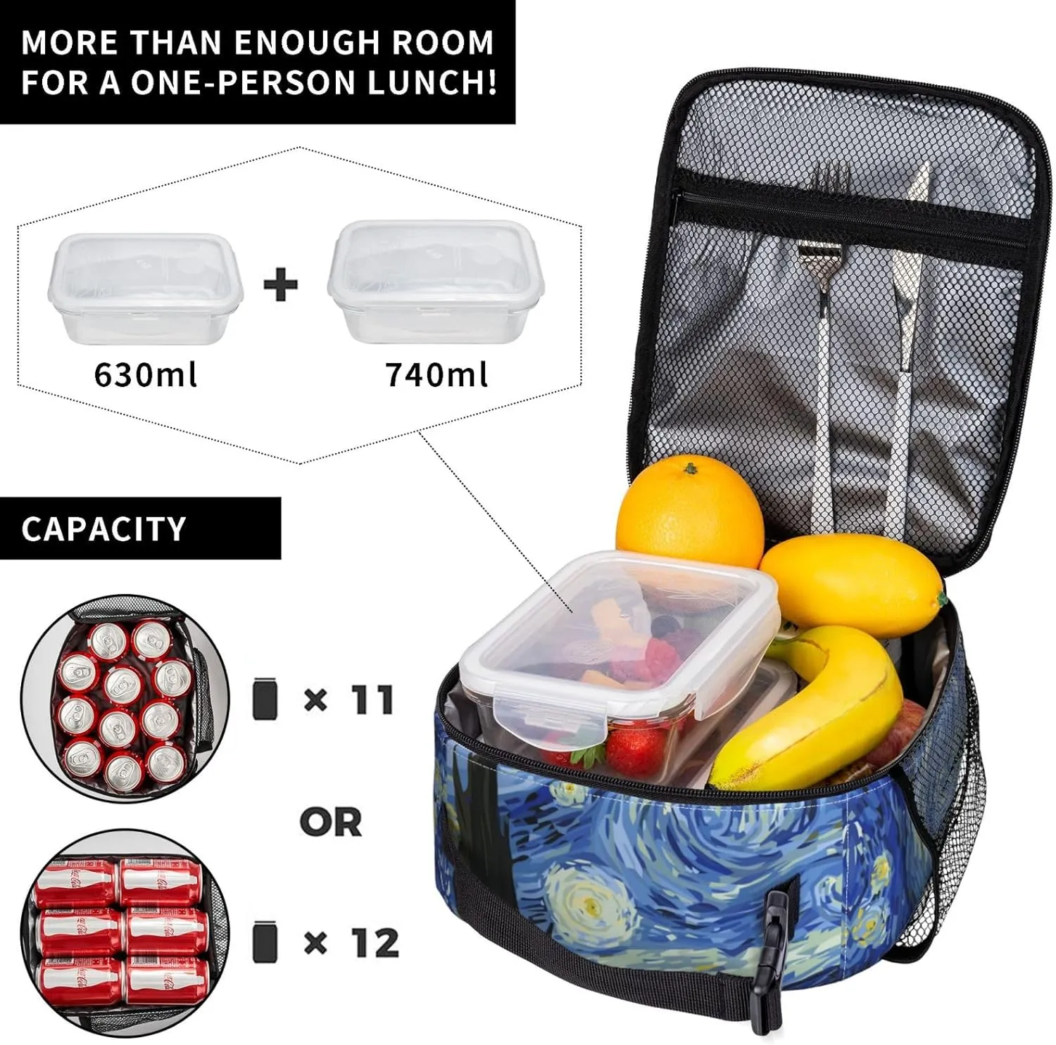 Van Gogh Night Sky The Starry Night Insulated Lunch Bag Portable Reusable Zipper Lunch Box For Men Women Work Picnic Travel Camping