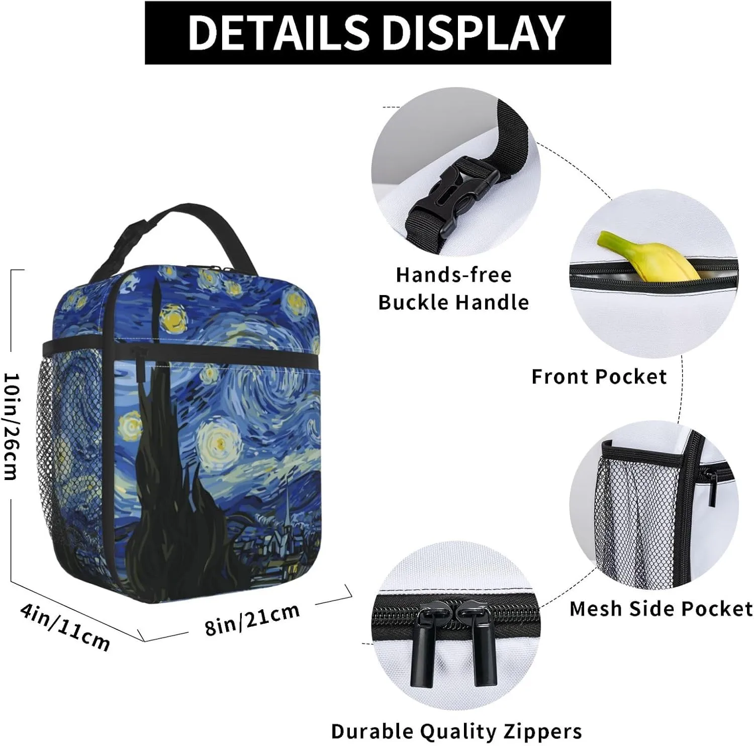 Van Gogh Night Sky The Starry Night Insulated Lunch Bag Portable Reusable Zipper Lunch Box For Men Women Work Picnic Travel Camping