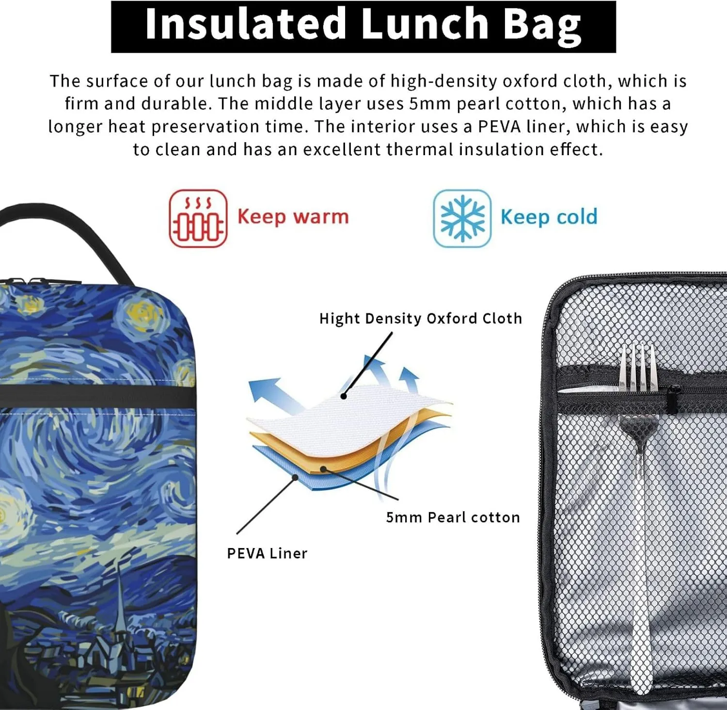 Van Gogh Night Sky The Starry Night Insulated Lunch Bag Portable Reusable Zipper Lunch Box For Men Women Work Picnic Travel Camping