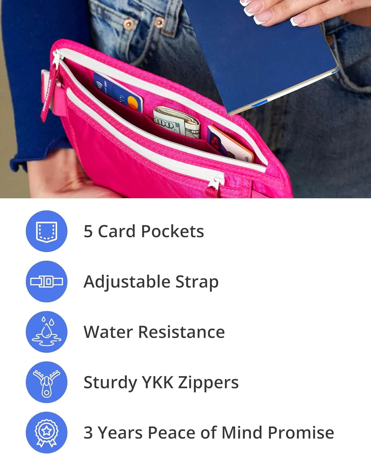 Vantamo Hidden Money Belt For Extra Safety, RFID Ultra-Thin Fanny Pack, 2 Compartment Money Bag Fits Passport & Phone