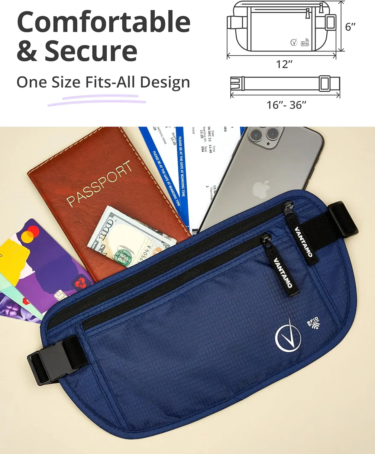 Vantamo Hidden Money Belt For Extra Safety, RFID Ultra-Thin Fanny Pack, 2 Compartment Money Bag Fits Passport & Phone