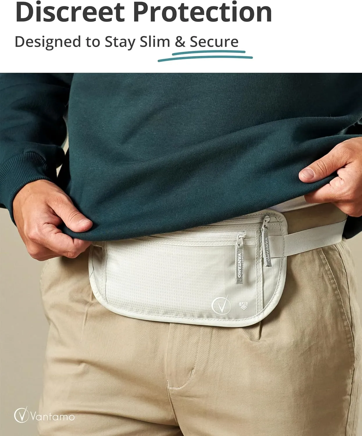 Vantamo Hidden Money Belt For Extra Safety, RFID Ultra-Thin Fanny Pack, 2 Compartment Money Bag Fits Passport & Phone