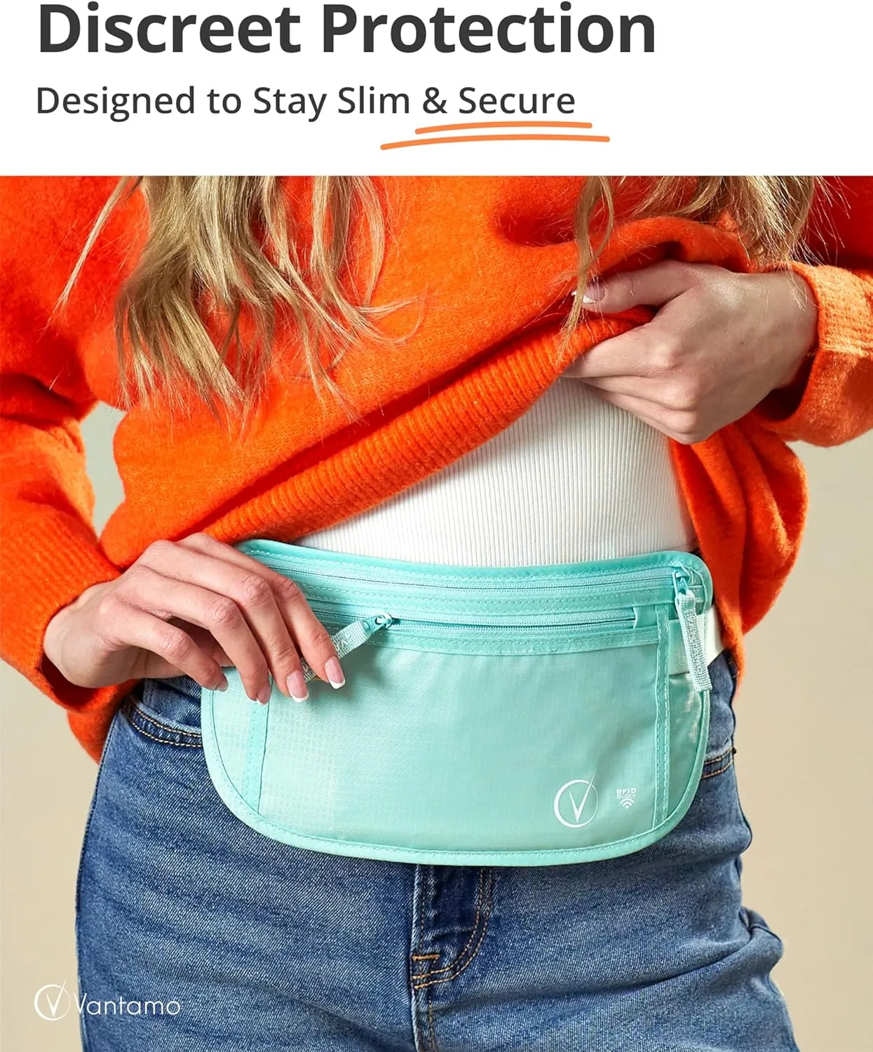 Vantamo Hidden Money Belt For Extra Safety, RFID Ultra-Thin Fanny Pack, 2 Compartment Money Bag Fits Passport & Phone