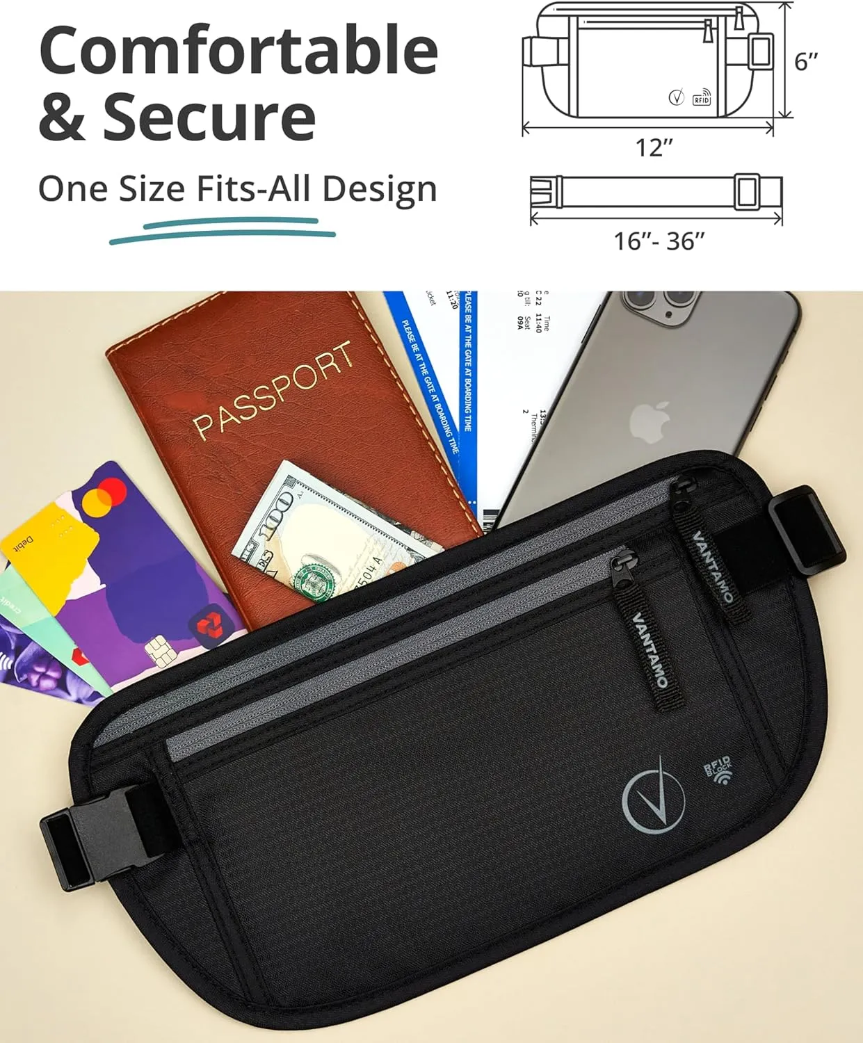 Vantamo Hidden Money Belt For Extra Safety, RFID Ultra-Thin Fanny Pack, 2 Compartment Money Bag Fits Passport & Phone