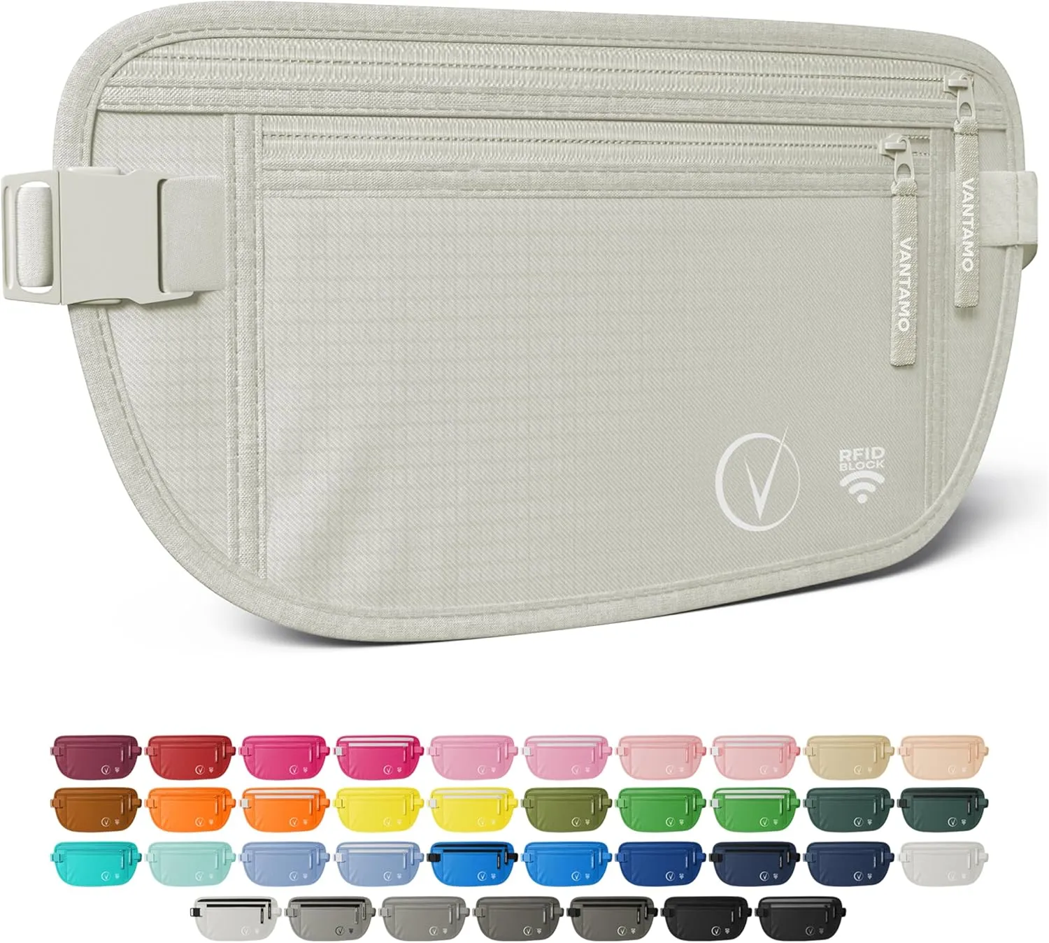 Vantamo Hidden Money Belt For Extra Safety, RFID Ultra-Thin Fanny Pack, 2 Compartment Money Bag Fits Passport & Phone