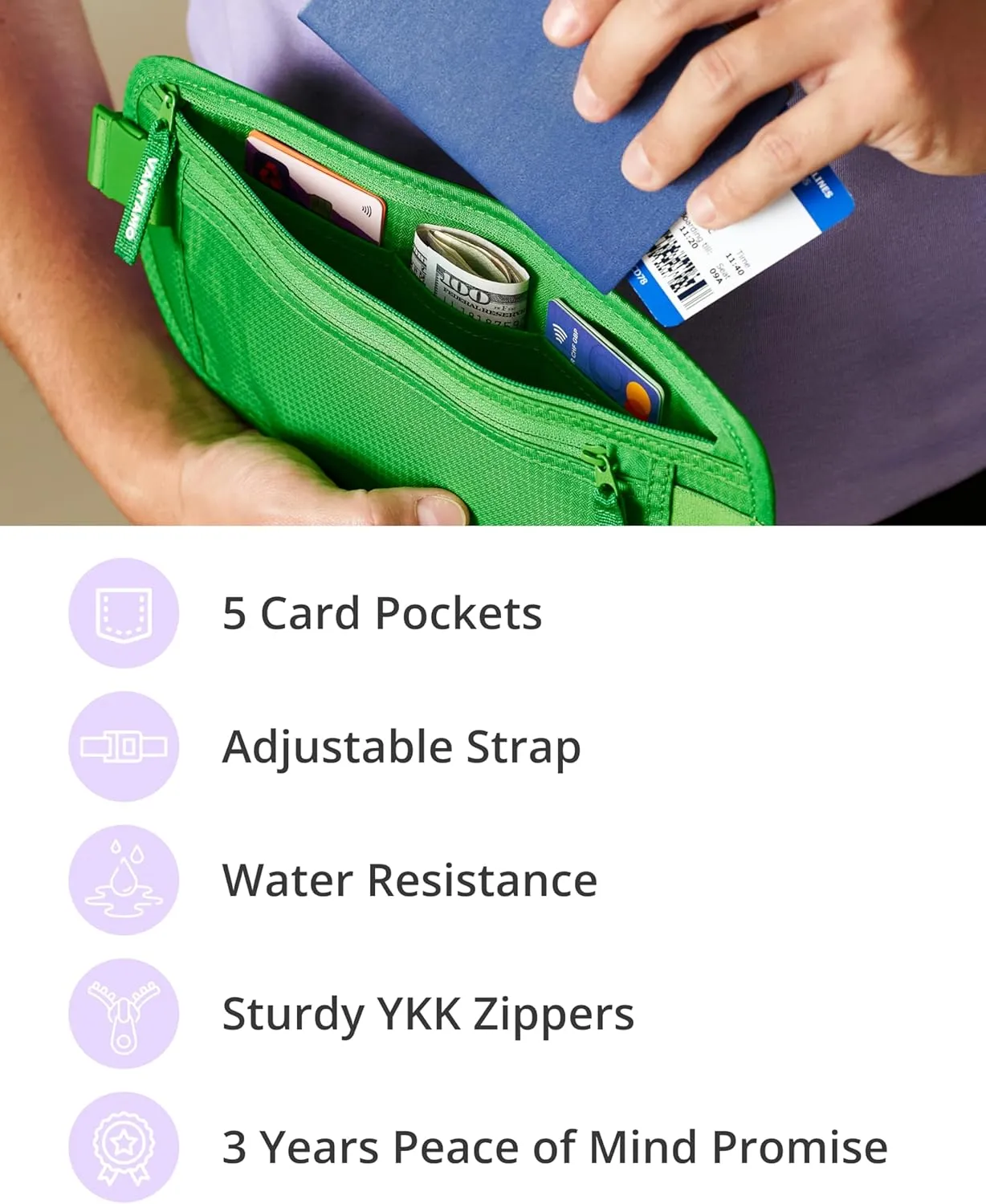 Vantamo Hidden Money Belt For Extra Safety, RFID Ultra-Thin Fanny Pack, 2 Compartment Money Bag Fits Passport & Phone