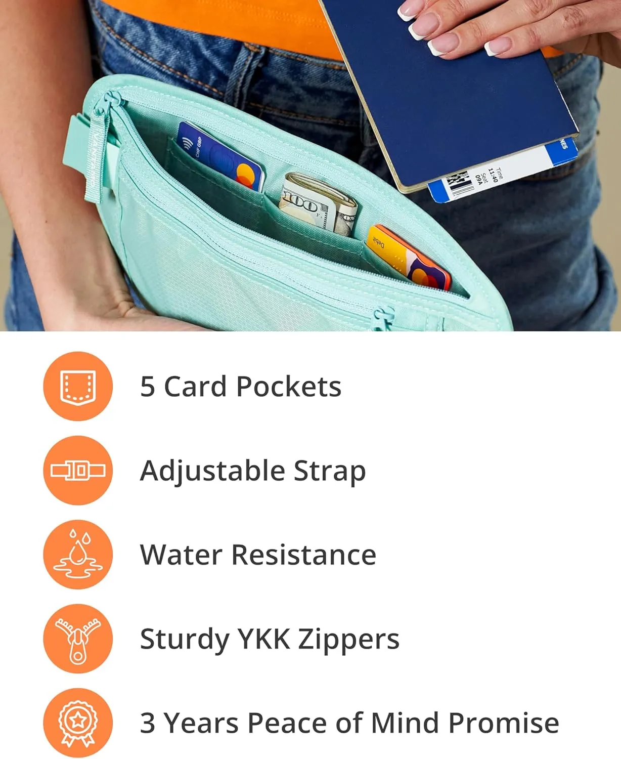 Vantamo Hidden Money Belt For Extra Safety, RFID Ultra-Thin Fanny Pack, 2 Compartment Money Bag Fits Passport & Phone