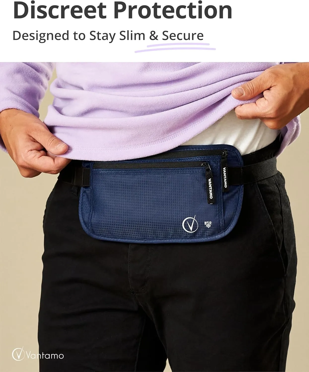 Vantamo Hidden Money Belt For Extra Safety, RFID Ultra-Thin Fanny Pack, 2 Compartment Money Bag Fits Passport & Phone