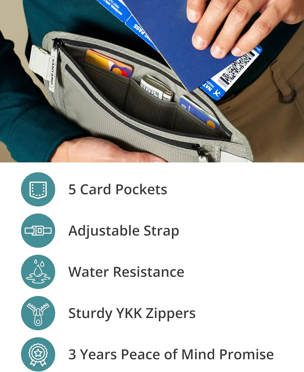 Vantamo Hidden Money Belt For Extra Safety, RFID Ultra-Thin Fanny Pack, 2 Compartment Money Bag Fits Passport & Phone