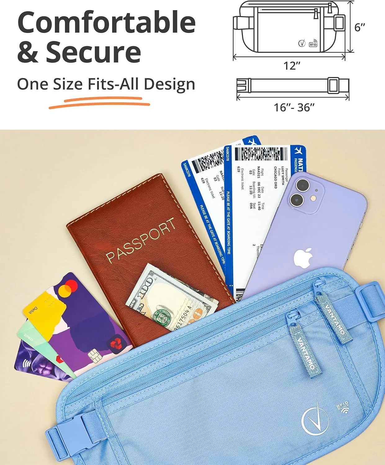 Vantamo Hidden Money Belt For Extra Safety, RFID Ultra-Thin Fanny Pack, 2 Compartment Money Bag Fits Passport & Phone