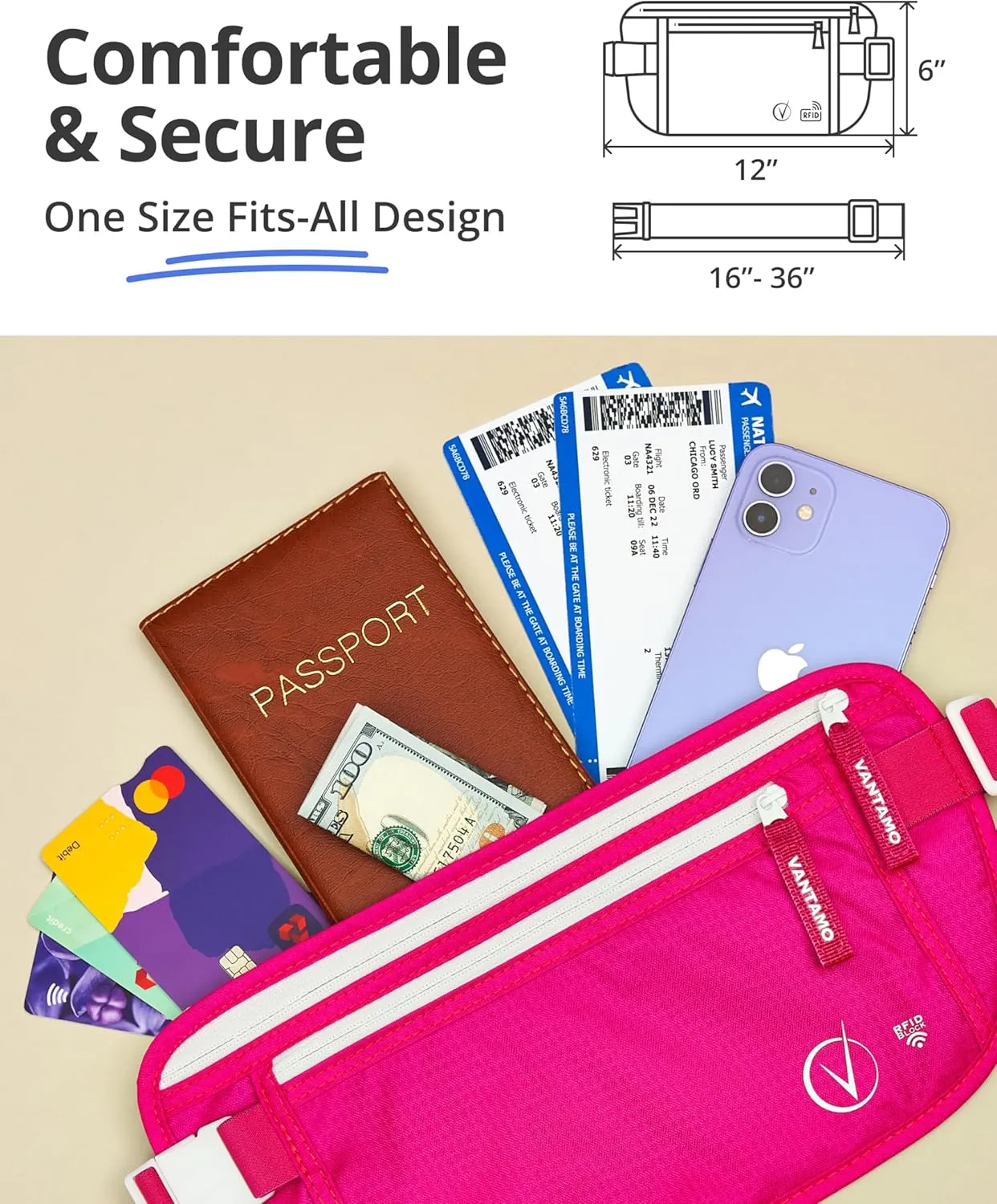Vantamo Hidden Money Belt For Extra Safety, RFID Ultra-Thin Fanny Pack, 2 Compartment Money Bag Fits Passport & Phone